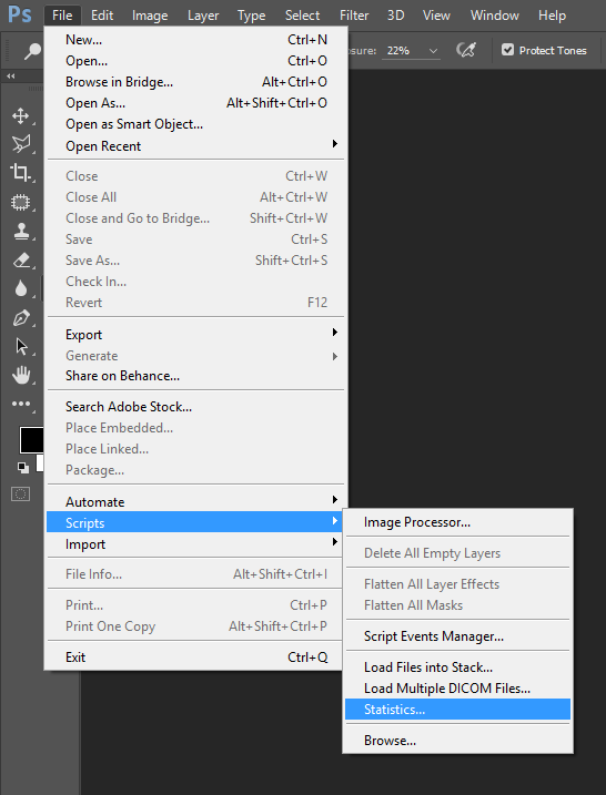 Step 2. Go to File -> Scripts -> Statistics.